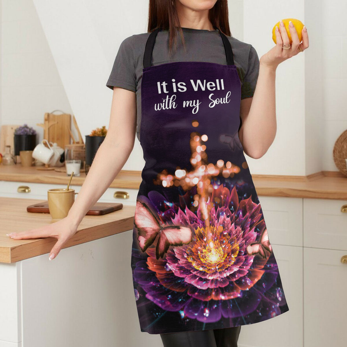 Jesuspirit Apron With Adjustable Neck Strap | It Is Well With My Soul | Flower & Cross | Saintly Gift For Christians HN162