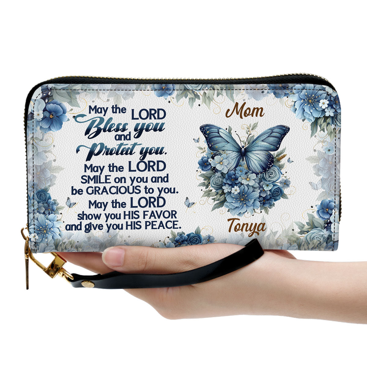 Jesuspirit | Personalized Leather Clutch Purse With Wristlet Strap Handle | Spiritual Gifts For Christian Women | May The Lord Bless You And Protect You CPM784