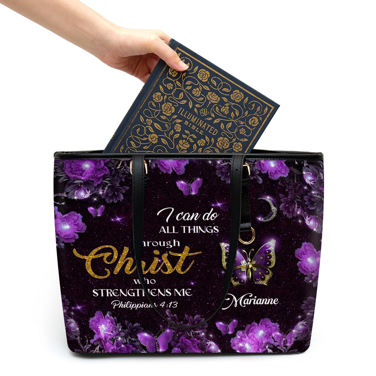 Jesuspirit | I Can Do All Things Through Christ | Philippians 4:13 | Religious Gifts For Christian Women | Personalized Large Leather Tote Bag With Long Strap NM143D