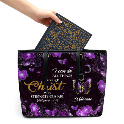 Jesuspirit | I Can Do All Things Through Christ | Philippians 4:13 | Religious Gifts For Christian Women | Personalized Large Leather Tote Bag With Long Strap NM143D