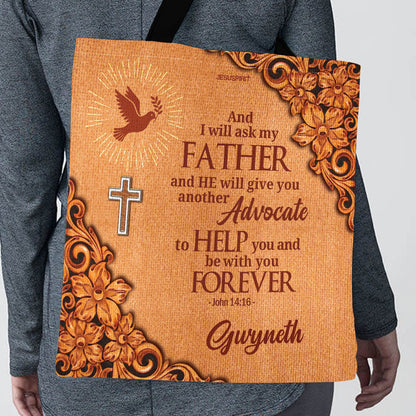 Jesuspirit | Personalized Orange Tote Bag | Christ Gifts For Women Of God | John 14:16 | Cross And Pigeon TBH721