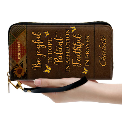 Jesuspirit | Personalized Sunflower Zippered Leather Clutch Purse | Religious Gifts For Women Of God | Be Joyful In Hope AHN251B