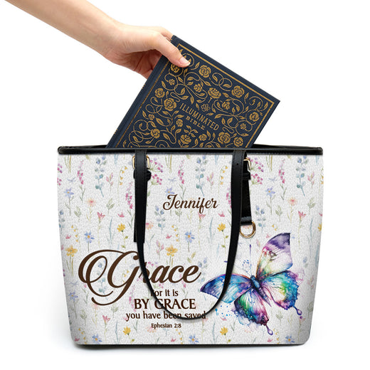 Jesuspirit | Ephesians 2:8 | For It Is By Grace You Have Been Saved | Pretty Large Leather Tote Bag LLTBHN808
