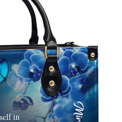 Jesuspirit | Personalized Leather Handbag | Delight Yourself In The Lord | Psalm 37:4 | Blue Orchids And Lilac H47