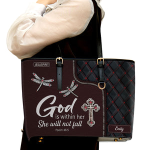 Beautiful Dragonfly Large Leather Tote Bag - God Is Within Her, She Will Not Fall HHN369