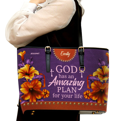Jesuspirit | God Has An Amazing Plan For Your Life | Pretty Large Leather Tote Bag | Lily And Cross LLTBHN611