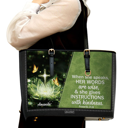 Awesome Personalized Large Leather Tote Bag - When She Speaks, Her Words Are Wise NUHN316