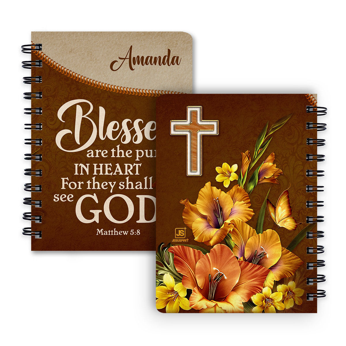 Jesuspirit | Matthew 5:8 | Flower And Cross | Blessed Are The Pure In Heart | Beautiful Personalized Flower Spiral Journal SJHN609