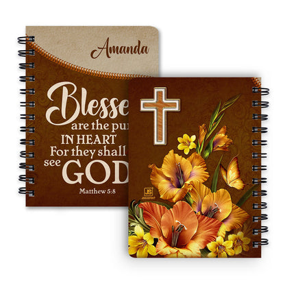 Jesuspirit | Matthew 5:8 | Flower And Cross | Blessed Are The Pure In Heart | Beautiful Personalized Flower Spiral Journal SJHN609