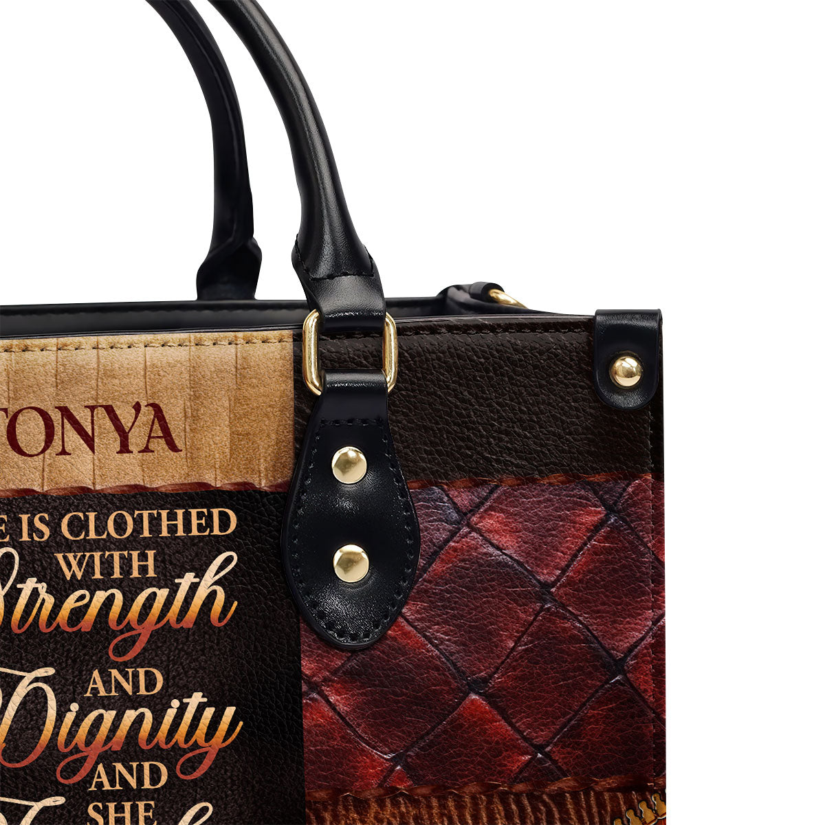 Jesuspirit | Personalized Leather Handbag With Zipper | She Is Clothed With Strength And Dignity And She Laughs Without Fear Of The Future LHBM790
