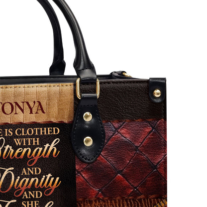 Jesuspirit | Personalized Leather Handbag With Zipper | She Is Clothed With Strength And Dignity And She Laughs Without Fear Of The Future LHBM790