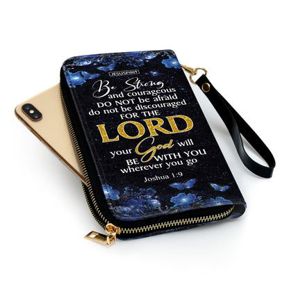 Jesuspirit | Joshua 1:9 | Religious Gift With Bible Scripture For Christian Women | Personalized Butterfly Zippered Leather Clutch Purse NM143N