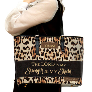 Jesuspirit | Personalized Large Leather Tote Bag With Long Strap | Psalm 28:7 | The Lord Is My Strength And My Shield | Spiritual Gifts For Women of God LLTBHN809