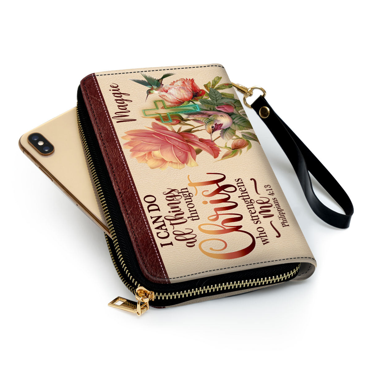Jesuspirit | Personalized Leather Clutch Purse With Wristlet Strap Handle | Spiritual Gifts For Christian Women | I Can Do All Things Through Christ | Philippians 4:13 CPMM681