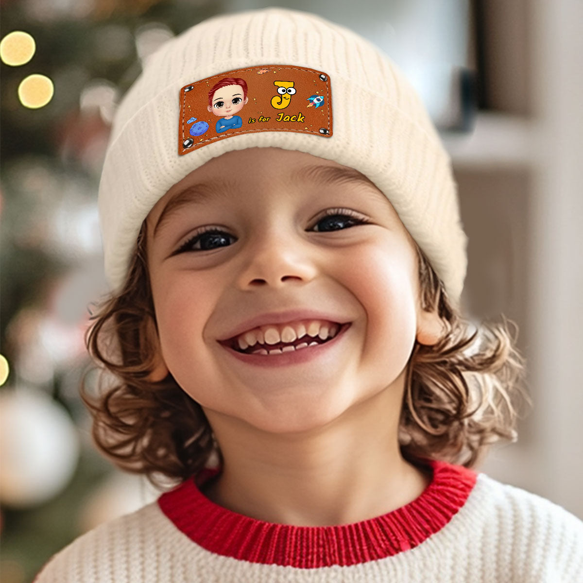 Kid's Name | Personalized Leather Knitted Beanie JSLKBPT1943M