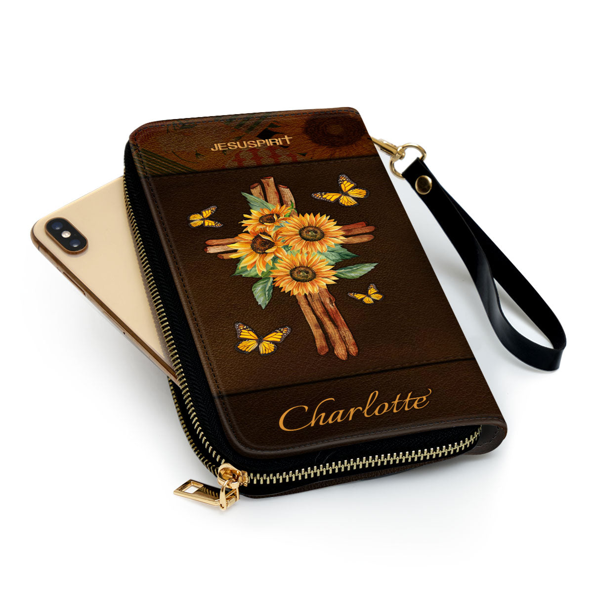 Jesuspirit | Personalized Sunflower Zippered Leather Clutch Purse | Religious Gifts For Women Of God | Be Joyful In Hope AHN251B