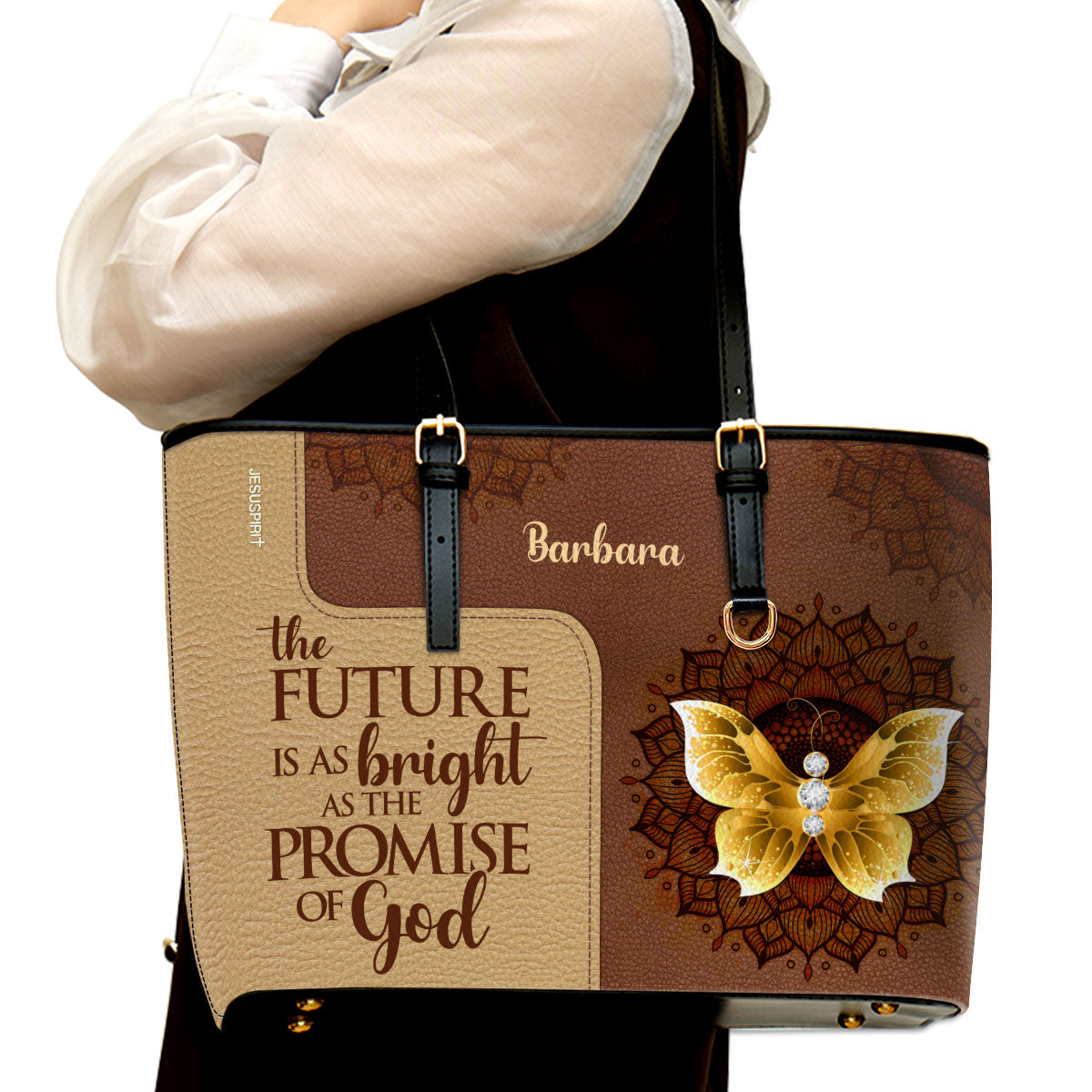 Jesuspirit | Personalized Large Leather Tote Bag With Long Strap | Butterfly And Flower | Christ Gifts For Women Of God LLTBH738