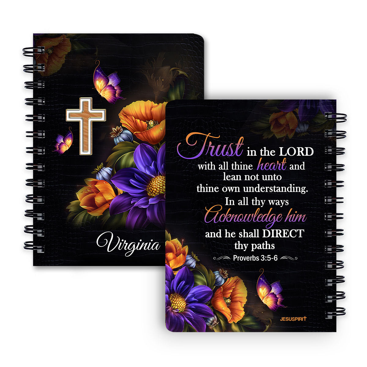 Jesuspirit | Personalized Spiral Journal | Trust In The Lord With All Your Heart | Proverbs 3:5-6 | Cross And Flower  SJH22
