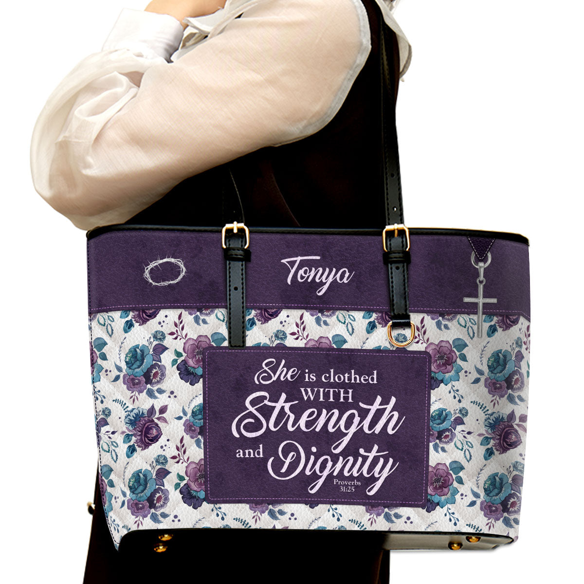 Jesuspirit | She Is Clothed With Strength and Dignity | Personalized Large Leather Tote Bag | Gift For Worship Leaders | Proverbs 31:25 LLTBHN804