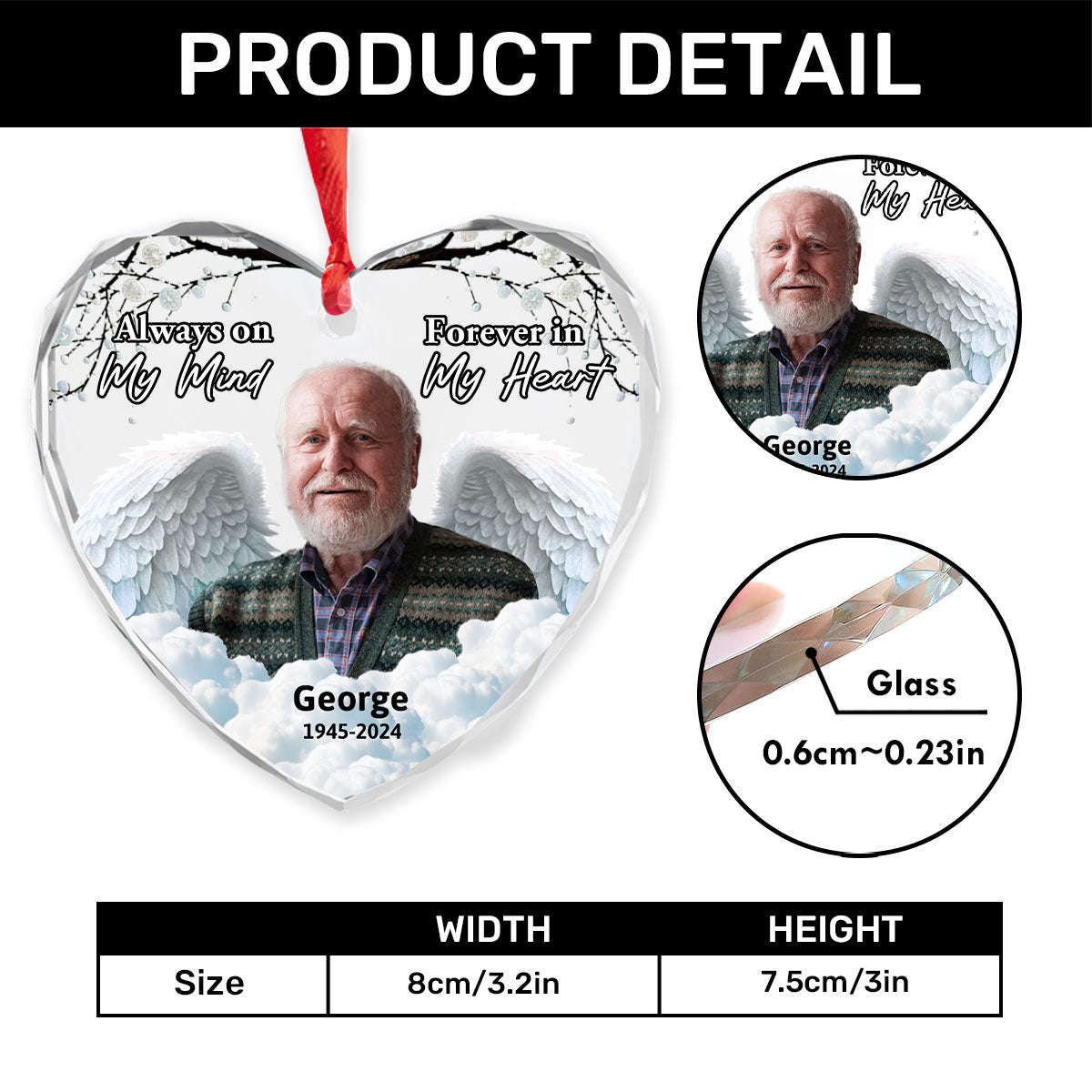 Always On My Mind, Forever In My Heart | Personalized Heart Shaped Glass Ornament JSHGOPT2513T