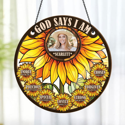 God Says I am Sunflower | Personalized Window Hanging Suncatcher JSWHSCHLT1617M