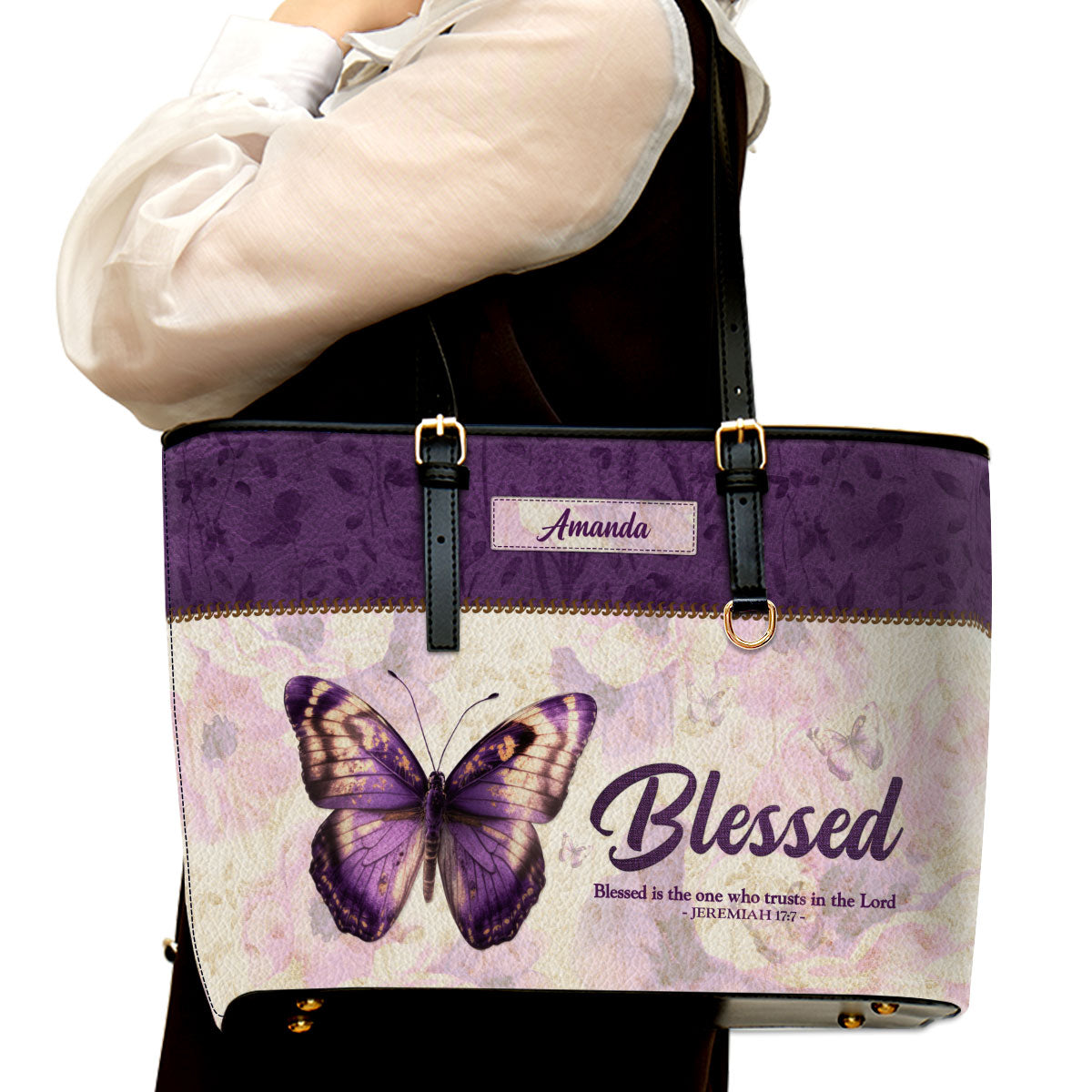 Jesuspirit | Personalized Large Leather Tote Bag | Blessed Is The One Who Trusts In The Lord | Jeremiah 17:7 | Faith Christian Bible Scripture Prayer Gifts LLTBHN801