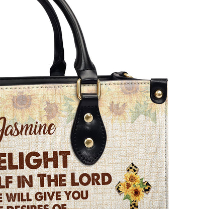 Jesuspirit | Personalized Leather Handbag With Handle | Delight Yourself In The Lord | Psalm 37:4 | Sunflower And Cross HN152