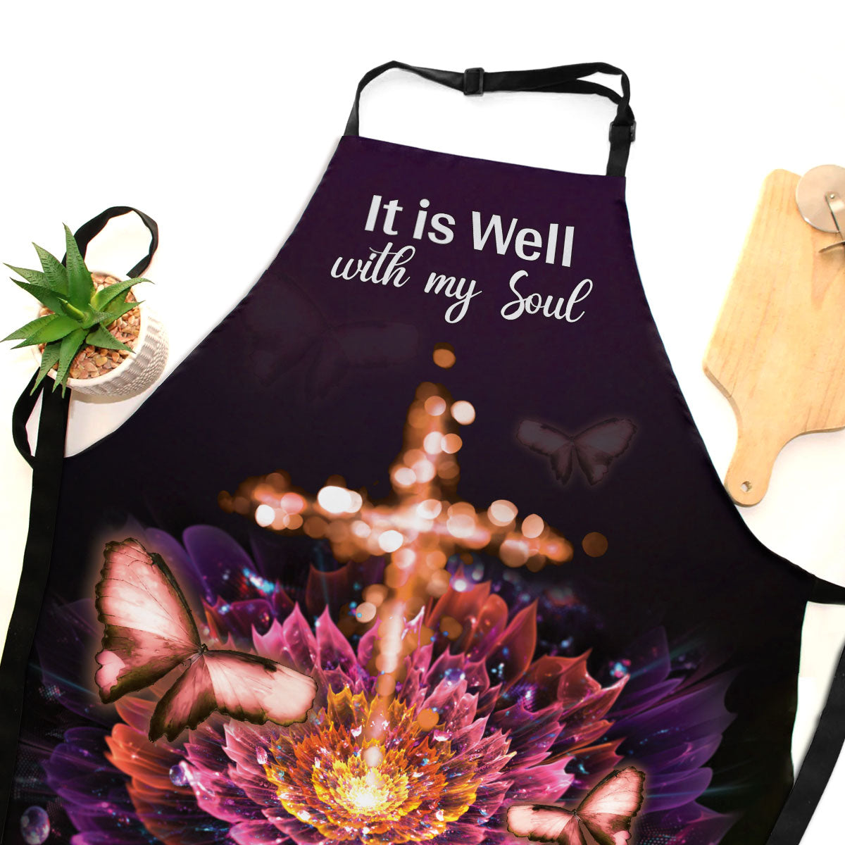 Jesuspirit Apron With Adjustable Neck Strap | It Is Well With My Soul | Flower & Cross | Saintly Gift For Christians HN162