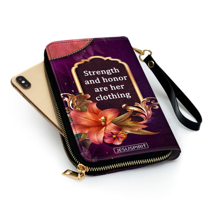 Jesuspirit | Unique Religious Gifts For Christian Mothers | Personalized Zippered Leather Clutch Purse | Strength And Honor Are Her Clothing NUM384C