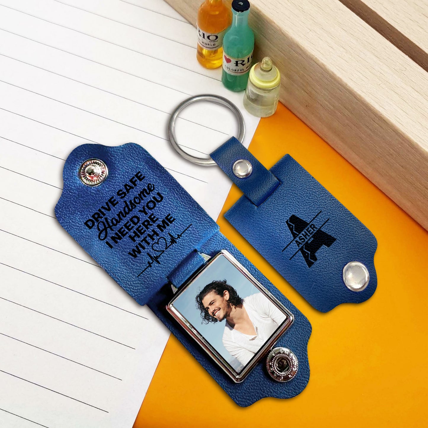 Drive Safe Handsome - Leather Photo Keychain LPKM02