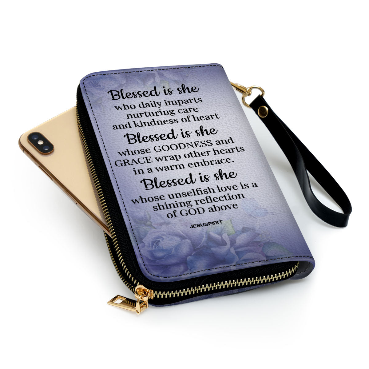 Jesuspirit | Rose And Cross | Personalized Zippered Leather Clutch Purse | Religious Gifts For Women Of God NUH327H