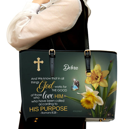 Jesuspirit | Romans 8:28 | Spiritual Gifts For Christian Women | Personalized Large Leather Tote Bag With Long Strap LLTBH741