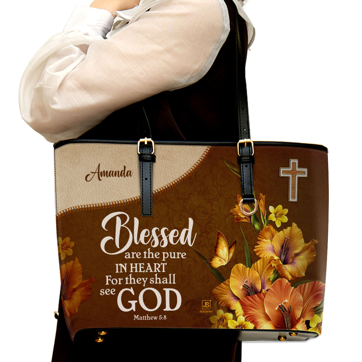 Jesuspirit | Matthew 5:8 | Blessed Are The Pure In Heart | Personalized Large Leather Tote Bag | Flower And Butterfly LLTBHN609