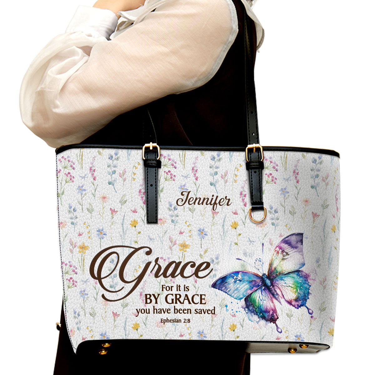 Jesuspirit | Ephesians 2:8 | For It Is By Grace You Have Been Saved | Pretty Large Leather Tote Bag LLTBHN808