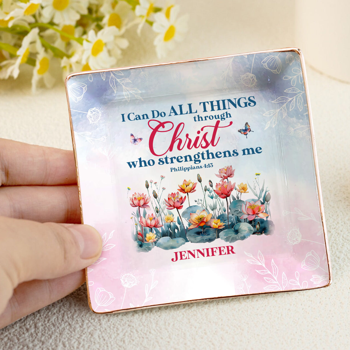 I Can Do All Things Through Christ - Personalized Ceramic Ring Dish Square