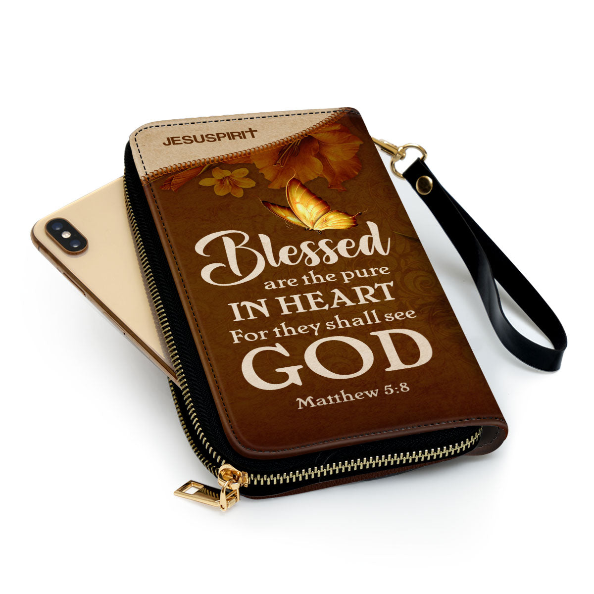 Jesuspirit | Matthew 5:8 | Blessed Are The Pure In Heart | Gifts For Christian Women | Personalized Zippered Leather Clutch Purse CPHN609B