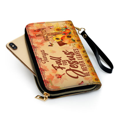 Personalized Leather Clutch Purse | Fall For Jesus He Never Leaves