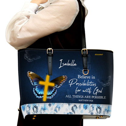 Jesuspirit | Personalized Large Leather Tote Bag With Long Strap | Matthew 19:26 | Christian Gifts For Religious Women | With God All Things Are Possible LLTBHN668