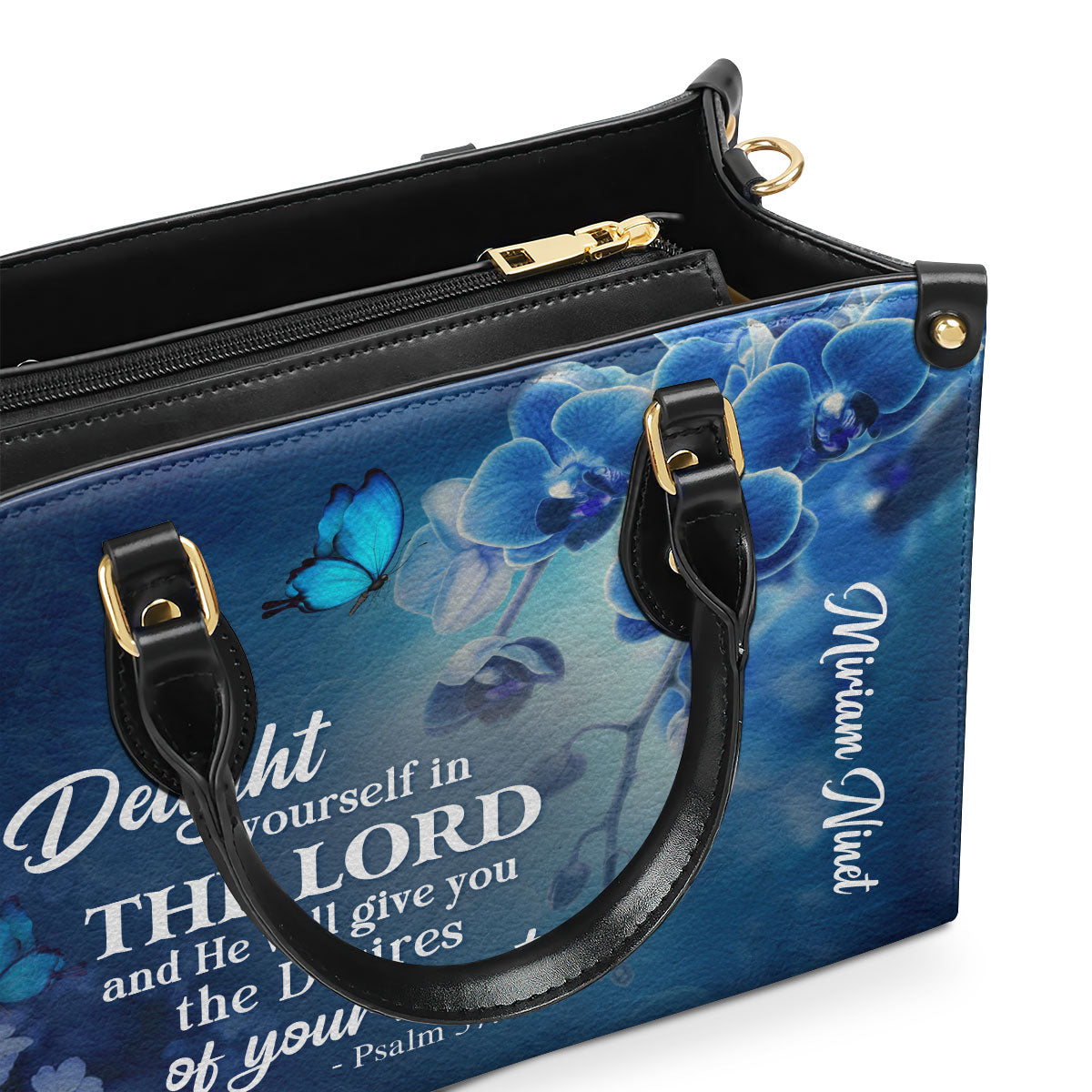 Jesuspirit | Personalized Leather Handbag | Delight Yourself In The Lord | Psalm 37:4 | Blue Orchids And Lilac H47