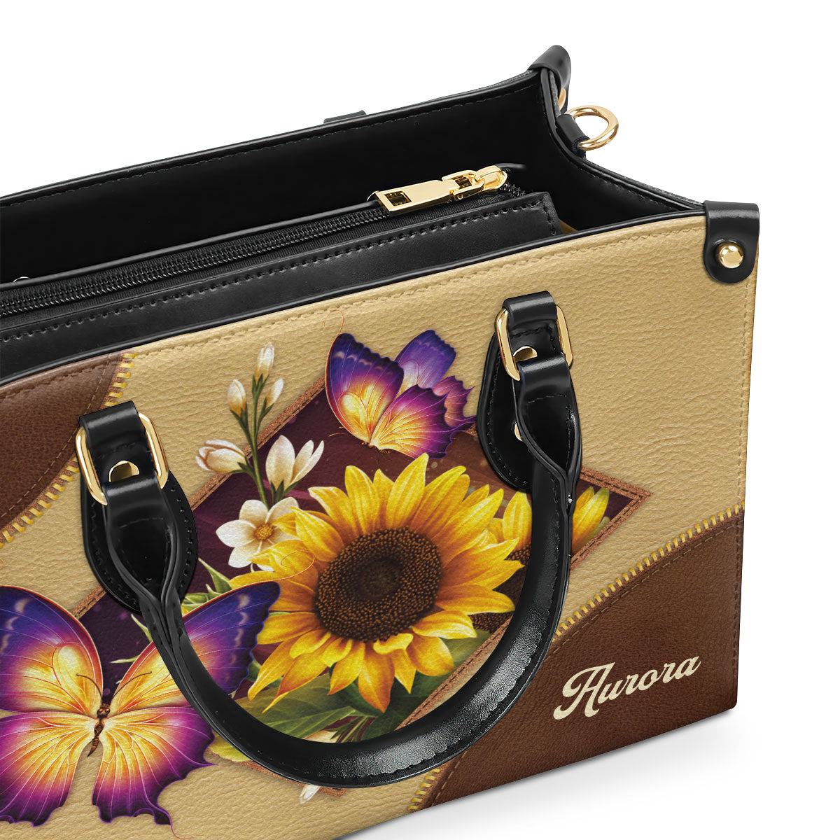 Pretty Personalized Sunflower And Butterfly Leather Handbag I04