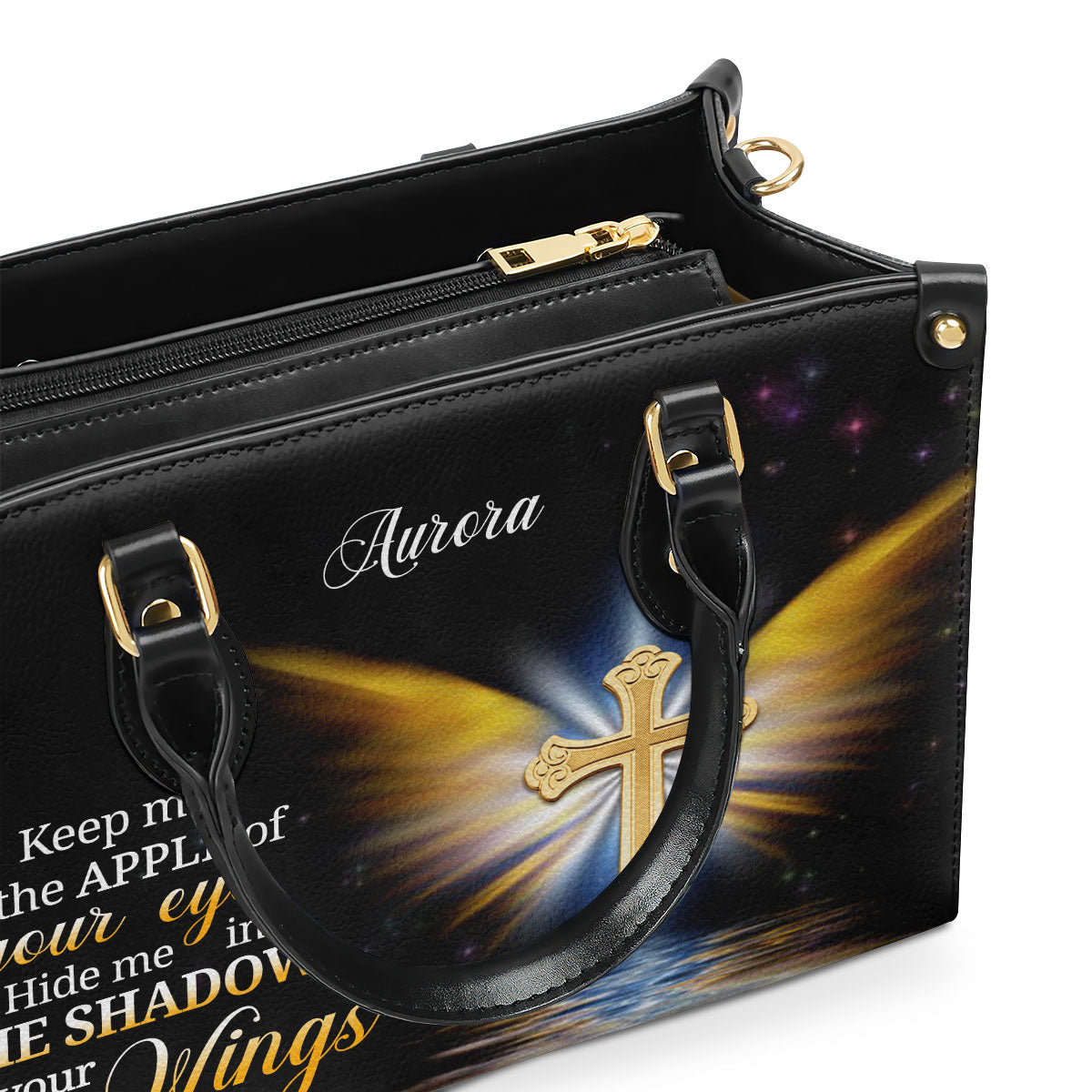 Jesuspirit | Personalized Leather Handbag With Handle | Christian Gifts For Women Of God | Hide Me In The Shadow Of Your Wings | Psalm 17:8 LHBH779