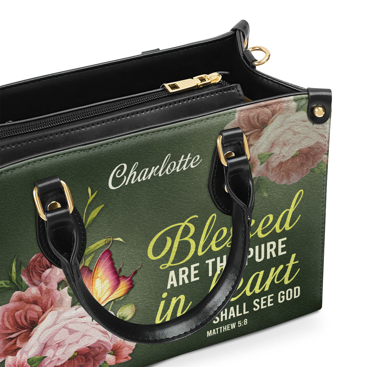 Jesuspirit | Christian Gifts For Women | Personalized Peony Leather Handbag With Handle | Blessed Are The Pure In Heart | Matthew 5:8 LHBHN676