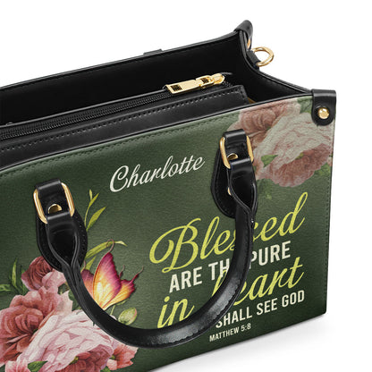 Jesuspirit | Christian Gifts For Women | Personalized Peony Leather Handbag With Handle | Blessed Are The Pure In Heart | Matthew 5:8 LHBHN676