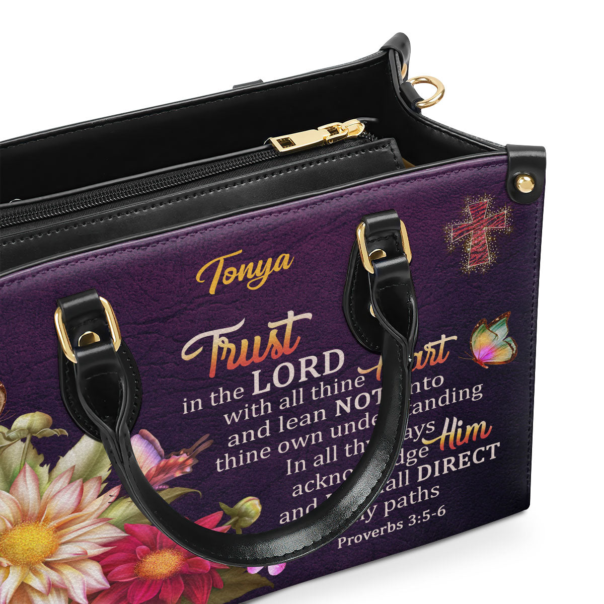 Jesuspirit | Proverbs 3:5-6 | Trust In The Lord With All Thine Heart | Flower And Cross | Personalized Leather Handbag LHBM677
