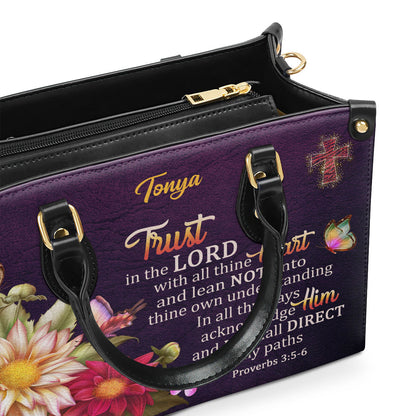 Jesuspirit | Proverbs 3:5-6 | Trust In The Lord With All Thine Heart | Flower And Cross | Personalized Leather Handbag LHBM677