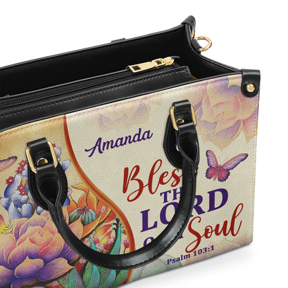 Jesuspirit | Bless The Lord O My Soul | Psalm 103:1 | Personalized Leather Handbag With Handle | Flower And Butterfly LHBM678