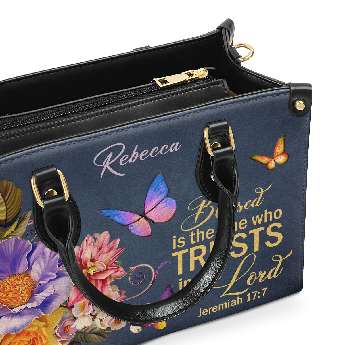 Jesuspirit | Blessed Is The Woman Who Trusts In The Lord | Jeremiah 17:7 | Personalized Flower Leather Handbag LHBM680