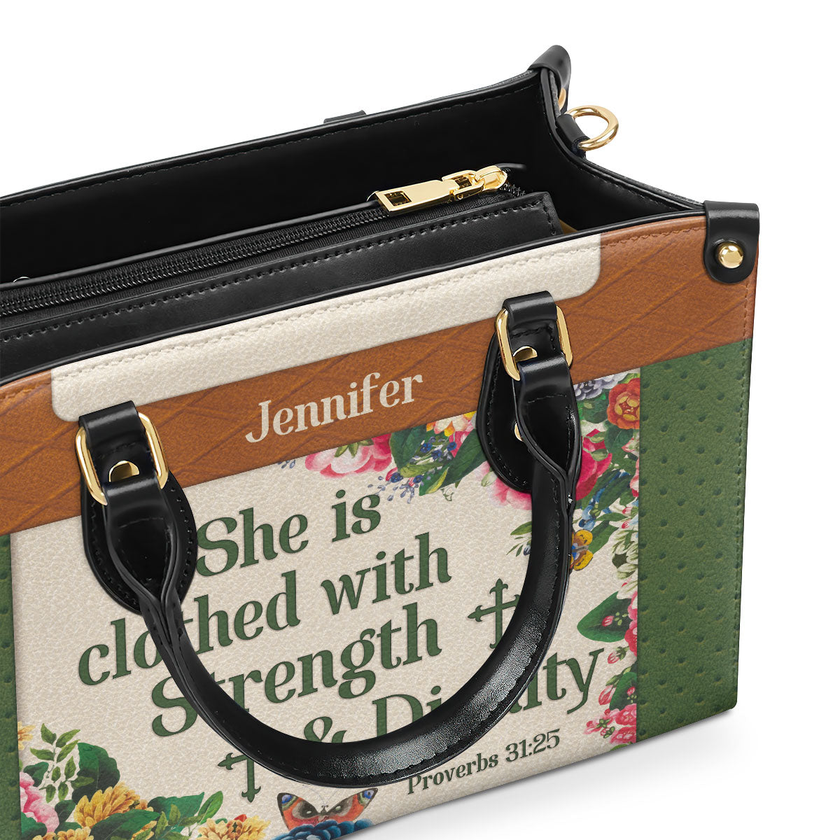 Stunning Personalized Flower Leather Handbag - She Is Clothed With Strength And Dignity NUHN307