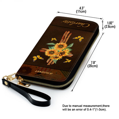 Jesuspirit | Personalized Sunflower Zippered Leather Clutch Purse | Religious Gifts For Women Of God | Be Joyful In Hope AHN251B