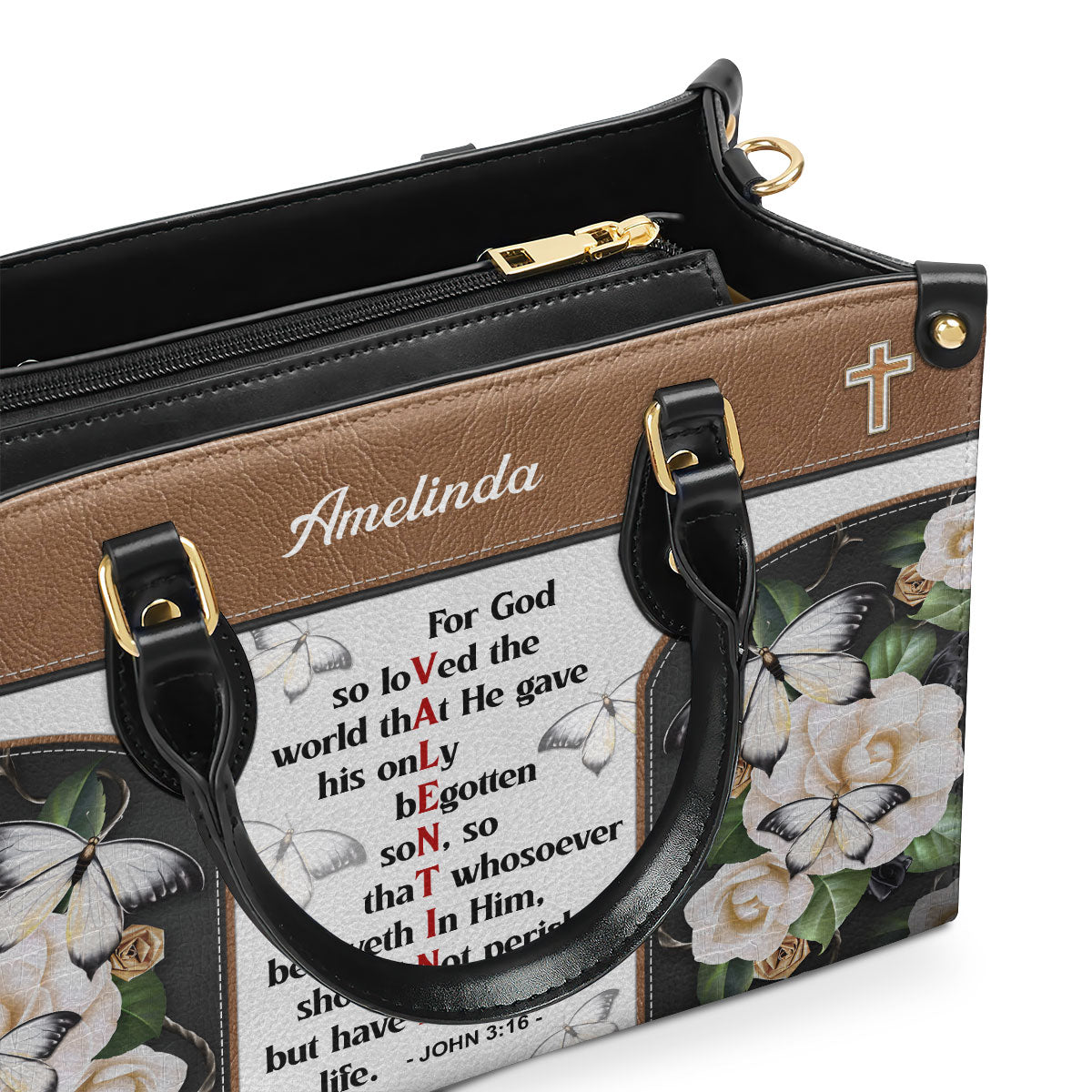 Jesuspirit | Personalized Leather Handbag | Christian Valentines Day Ideas | John 3:16 | For God So Loved The World | Bible Verse Spiritual Gifts LHBH832